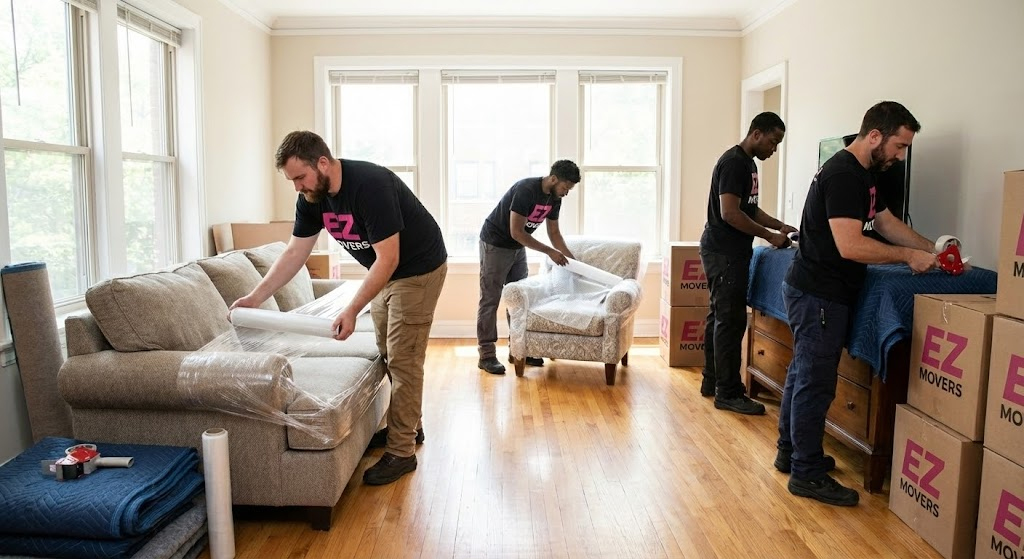 crew wrapping furniture
