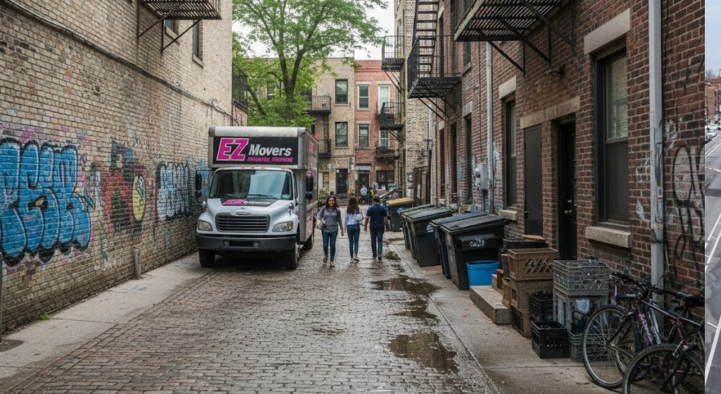 EZ Movers truck in Andersonville alley